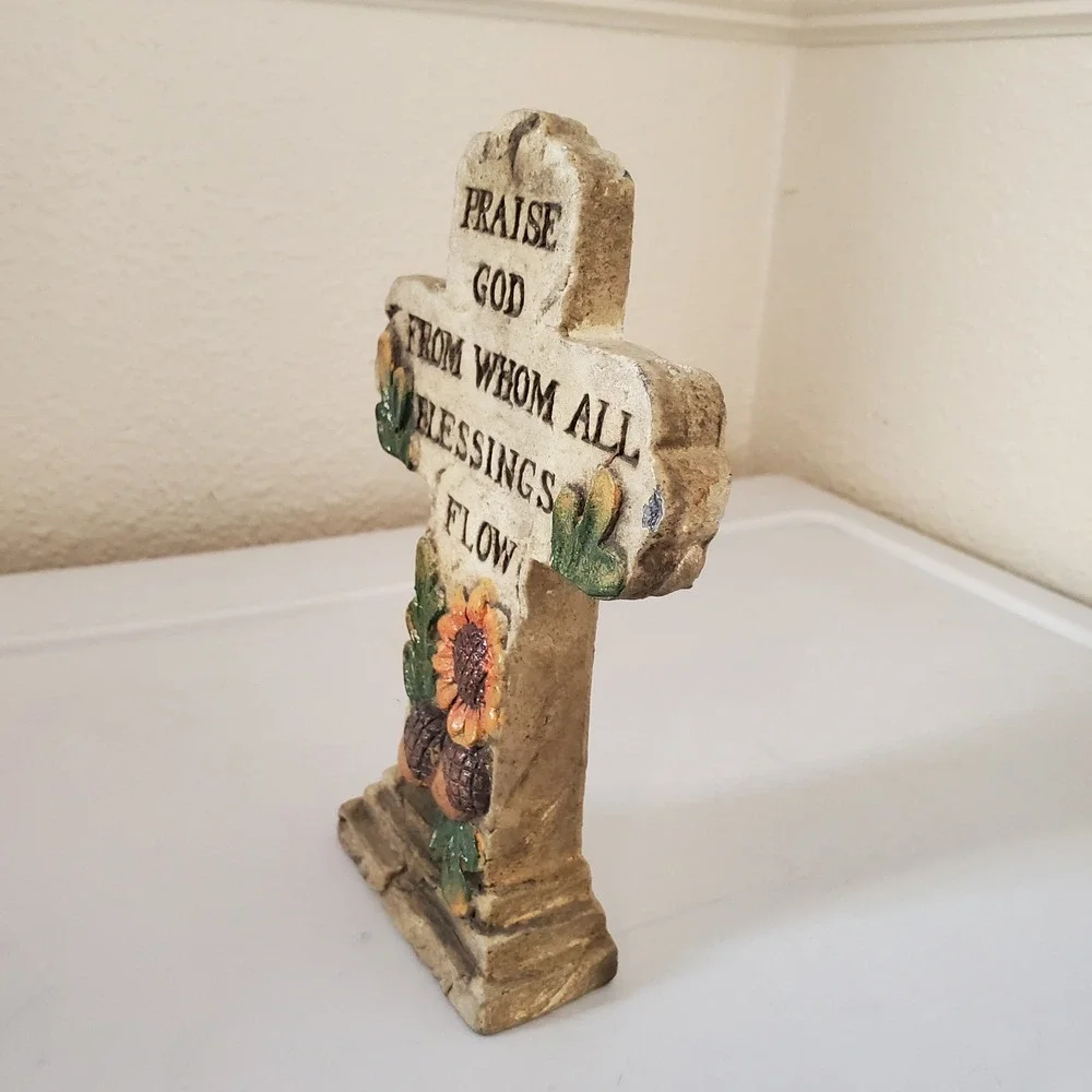 Religious Cross Plaque Praise God From Whom All Blessings Flow Sunflower Acorn